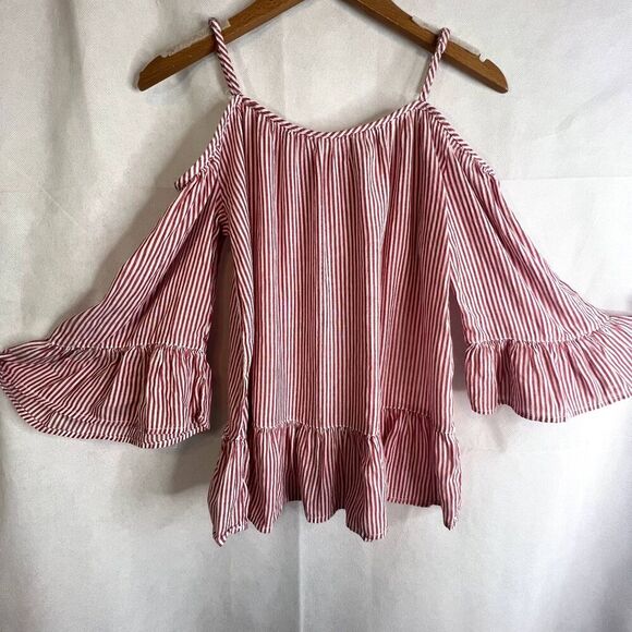Beach Lunch Lounge Bell Statement Sleeve Blouse Striped Cold Shoulder Size XS - Picture 10 of 11